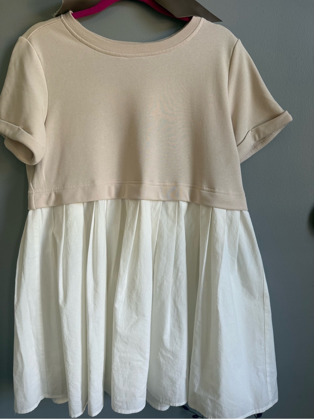 Mixed Media Twofer Mini Dress - Neutral Tan Sweatshirt Poplin Drop-Waist Womens